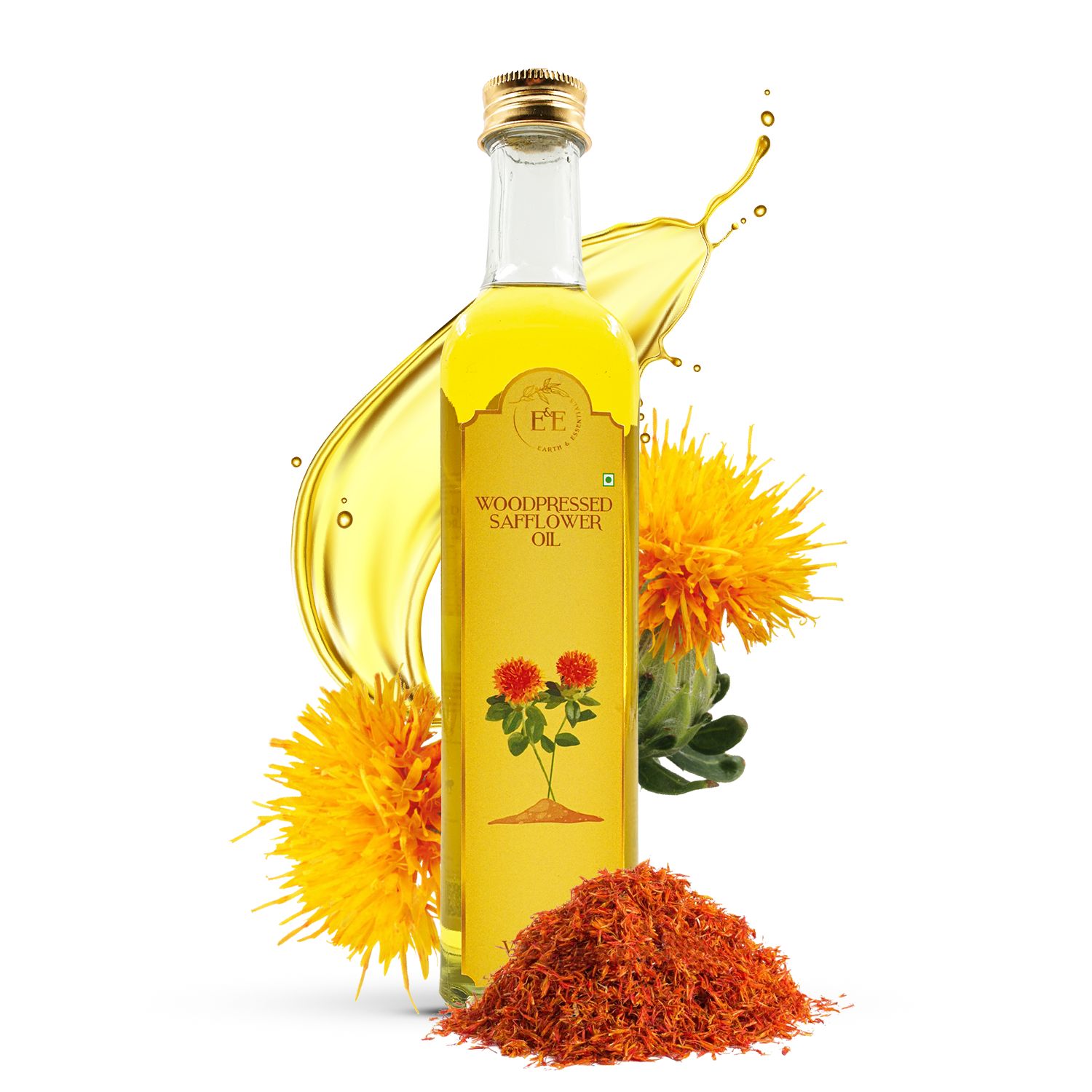 Earth and Essentials Woodpressed Safflower Oil (500 ml) I Wood Churned, Kolhu, Kachi Ghani Kusum Tel I A+ Grade Safflower Seeds I Nutrition Content High I Healthy oil for everyday cooking