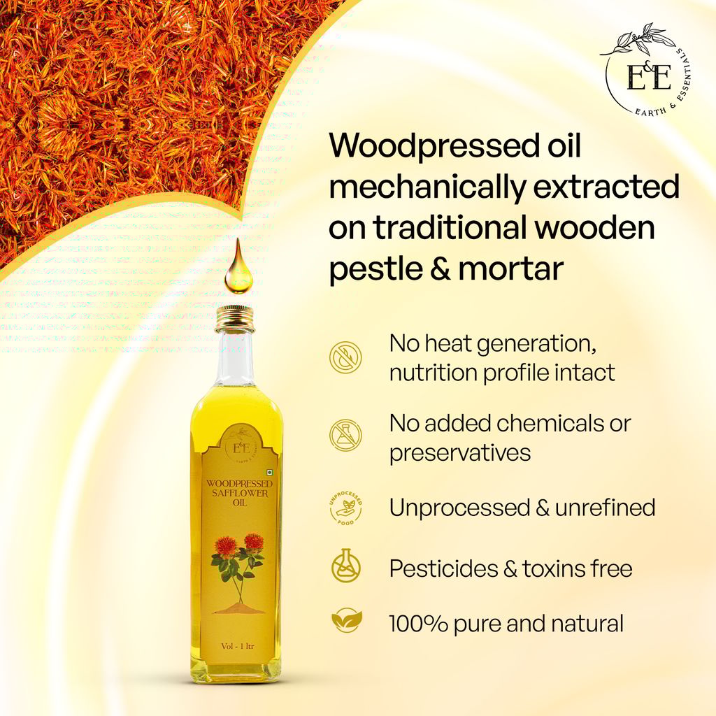 Earth and Essentials Woodpressed Safflower Oil (1000ml) | Kachi Ghani Kusum ka Tel for Cooking | 100% Pure & Unrefined | Lab Certified | Healthy Fats & Antioxidants | Boost Immunity | Glass Bottle