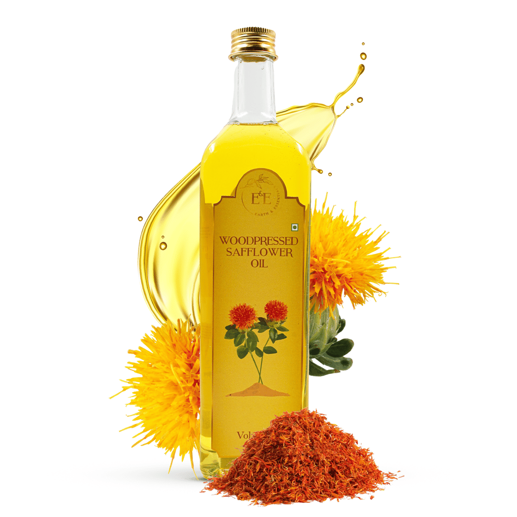 Earth and Essentials Woodpressed Safflower Oil (1000ml) | Kachi Ghani Kusum ka Tel for Cooking | 100% Pure & Unrefined | Lab Certified | Healthy Fats & Antioxidants | Boost Immunity | Glass Bottle