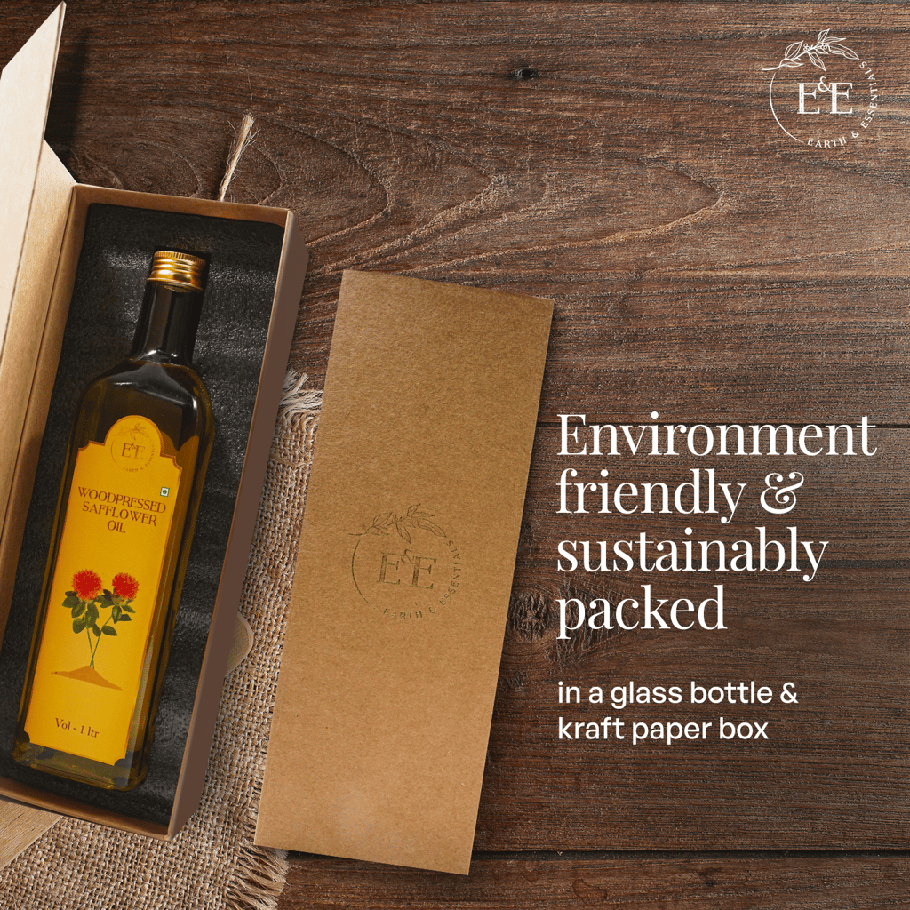 Earth and Essentials Woodpressed Safflower Oil (1000ml) | Kachi Ghani Kusum ka Tel for Cooking | 100% Pure & Unrefined | Lab Certified | Healthy Fats & Antioxidants | Boost Immunity | Glass Bottle