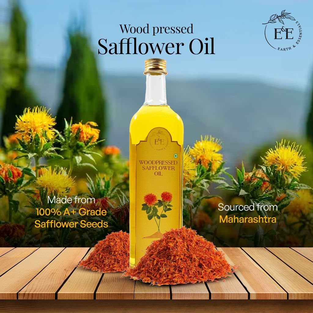 Earth and Essentials Woodpressed Safflower Oil (1000ml) | Kachi Ghani Kusum ka Tel for Cooking | 100% Pure & Unrefined | Lab Certified | Healthy Fats & Antioxidants | Boost Immunity | Glass Bottle