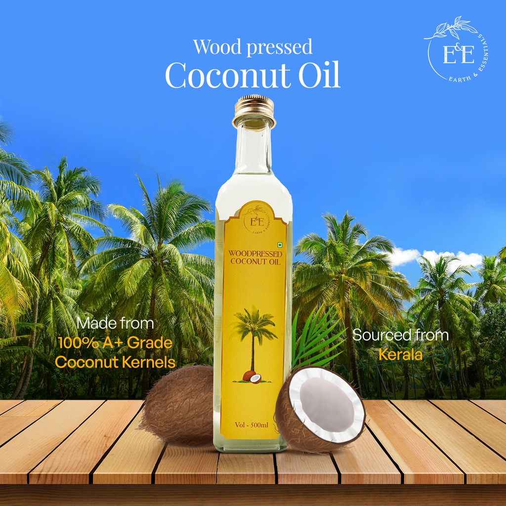 Earth and Essentials Woodpressed Coconut Oil (500ml) | Kachi Ghani Nariyal Tel | 100% Pure & Unrefined | Lab Certified | Healthy Fat & Antioxidant | Boost Immunity | Cooking & Skincare | Glass Bottle