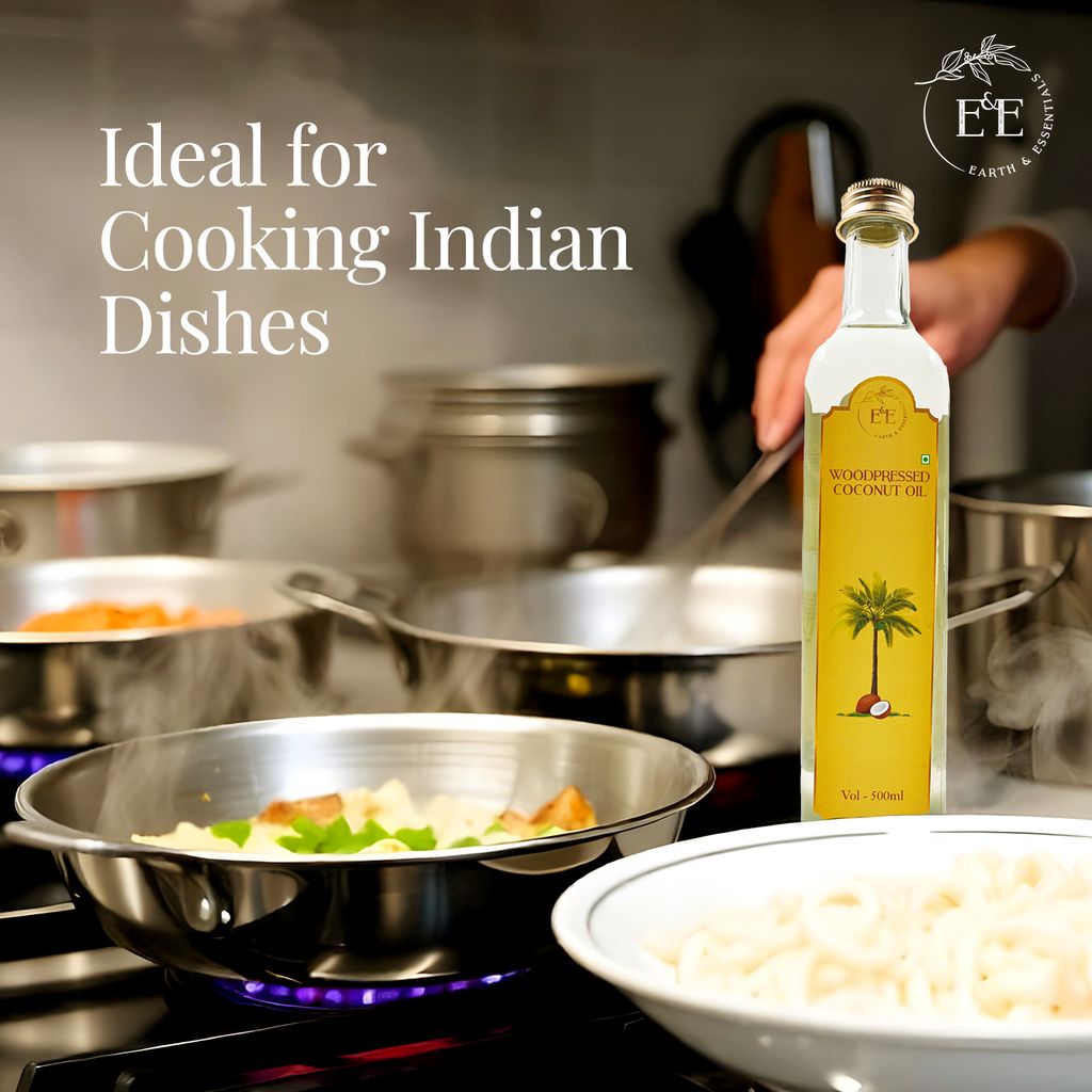 Earth and Essentials Woodpressed Coconut Oil (500ml) | Kachi Ghani Nariyal Tel | 100% Pure & Unrefined | Lab Certified | Healthy Fat & Antioxidant | Boost Immunity | Cooking & Skincare | Glass Bottle