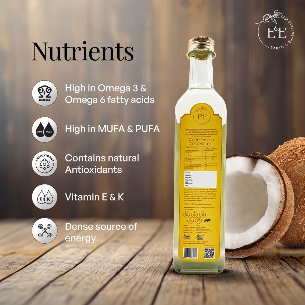 Earth and Essentials Woodpressed Coconut Oil (500ml) | Kachi Ghani Nariyal Tel | 100% Pure & Unrefined | Lab Certified | Healthy Fat & Antioxidant | Boost Immunity | Cooking & Skincare | Glass Bottle