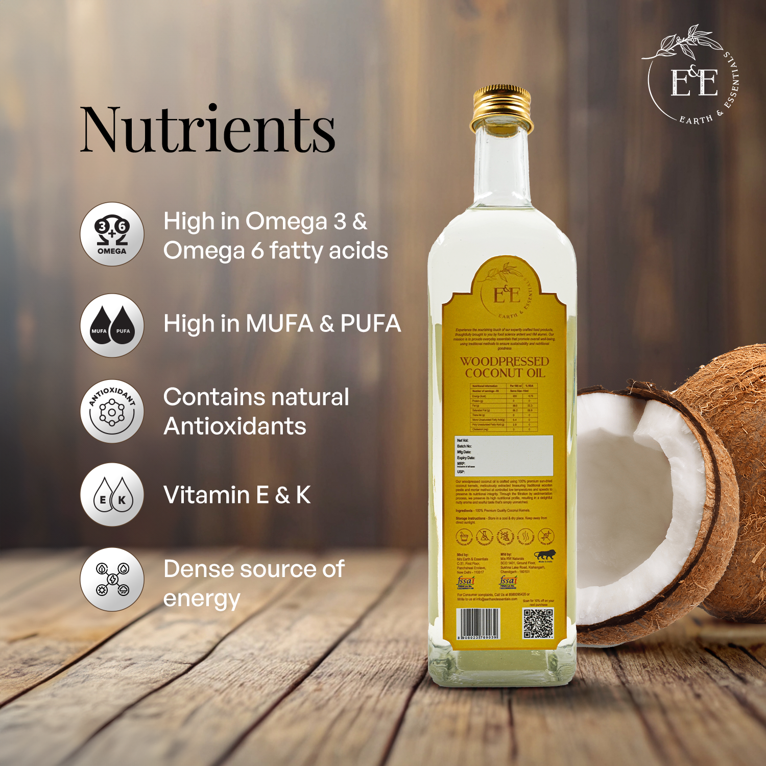 Earth and Essentials Woodpressed Coconut Oil (1000ml) | Kachi Ghani Nariyal Tel | 100% Pure & Unrefined | Lab Certified | Healthy Fat & Antioxidant | Boost Immunity | Cooking & Skincare | Glass Bottle