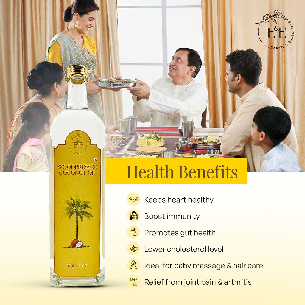 Earth and Essentials Woodpressed Coconut Oil (1000ml) | Kachi Ghani Nariyal Tel | 100% Pure & Unrefined | Lab Certified | Healthy Fat & Antioxidant | Boost Immunity | Cooking & Skincare | Glass Bottle