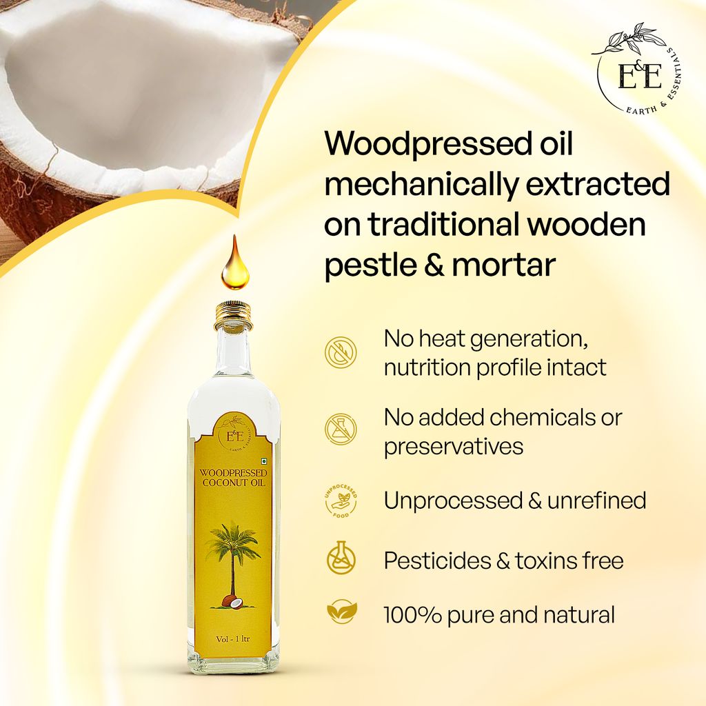Earth and Essentials Woodpressed Coconut Oil (1000ml) | Kachi Ghani Nariyal Tel | 100% Pure & Unrefined | Lab Certified | Healthy Fat & Antioxidant | Boost Immunity | Cooking & Skincare | Glass Bottle