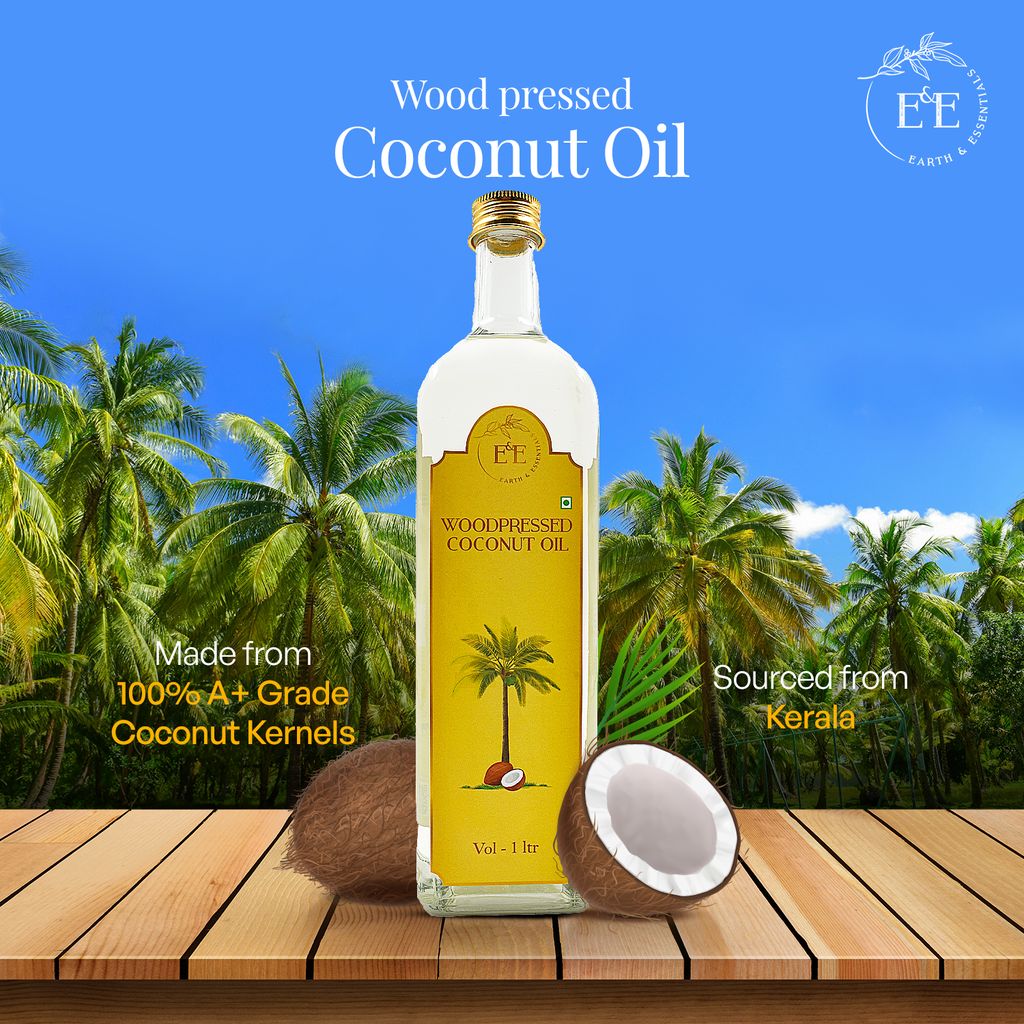 Earth and Essentials Woodpressed Coconut Oil (1000ml) | Kachi Ghani Nariyal Tel | 100% Pure & Unrefined | Lab Certified | Healthy Fat & Antioxidant | Boost Immunity | Cooking & Skincare | Glass Bottle