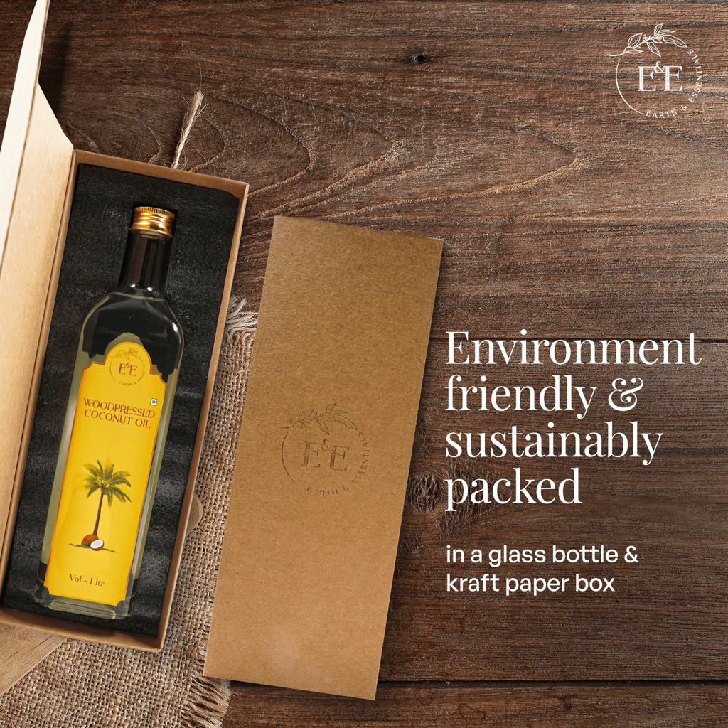 Earth and Essentials Woodpressed Coconut Oil (1000ml) | Kachi Ghani Nariyal Tel | 100% Pure & Unrefined | Lab Certified | Healthy Fat & Antioxidant | Boost Immunity | Cooking & Skincare | Glass Bottle