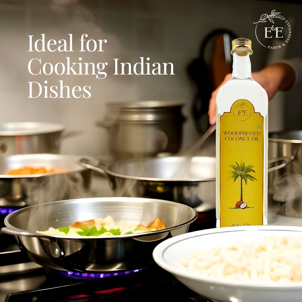 Earth and Essentials Woodpressed Coconut Oil (1000ml) | Kachi Ghani Nariyal Tel | 100% Pure & Unrefined | Lab Certified | Healthy Fat & Antioxidant | Boost Immunity | Cooking & Skincare | Glass Bottle