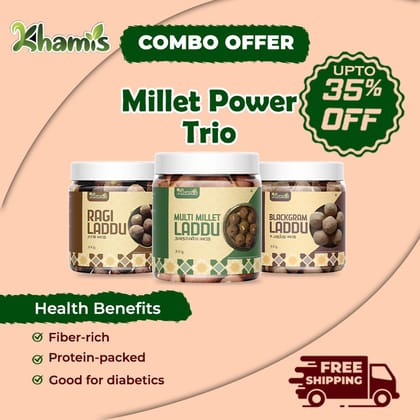 Millet Laddu Combo – Black Gram (Ulunthu), Multi Millet (Navathaniyam) & Ragi (Finger MIllet) – High Protein & Fiber Sweets – Jaggery Based – No Refined Sugar – 100% Natural –Khamis Healthy Foods--600g