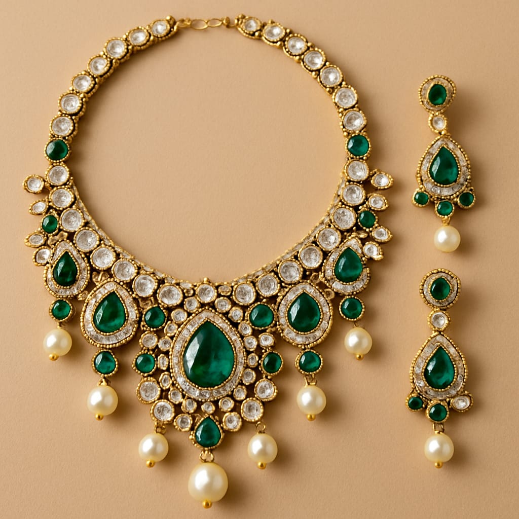 Regal Green & Pearl Imitation Jewelry Set