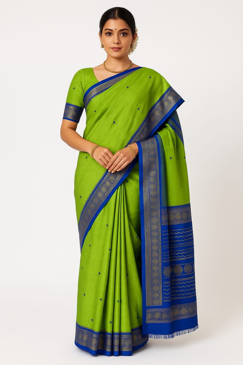 Elegant Green and Blue Handloom Cotton Saree with Traditional Motifs