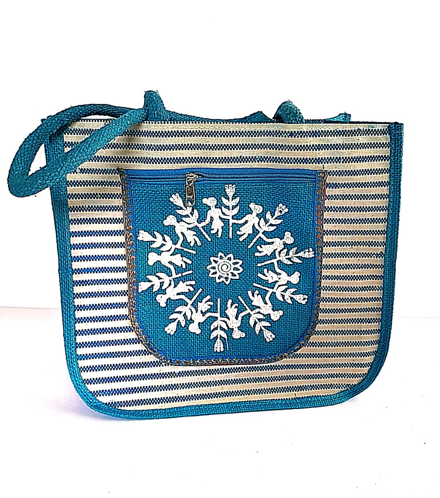 Handcrafted Blue Striped Embroidered Tote Bag