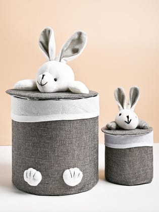 VON CASA Multi Purpose 2Pcs Round Fabric Basket/Bin - Bunny Face Design