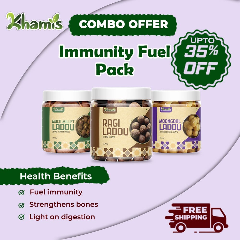 Khamis Millet Laddu Combo Offer – Moong Dal, Multi Millet & Ragi – 3-in-1 High Protein, Jaggery Sweets – 100% Natural, No Sugar – Rice Bran Oil –Khamis Healthy Foods--600g