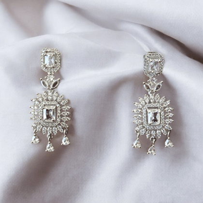 ELLNORA'S Silver-Plated American Diamond Earrings with Pink & Blue Gemstones