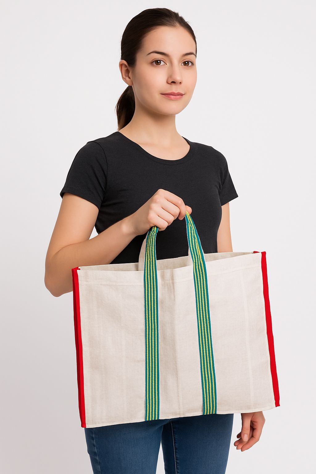 White Woven Sack with Red Trim - Durable Shopping Bag
