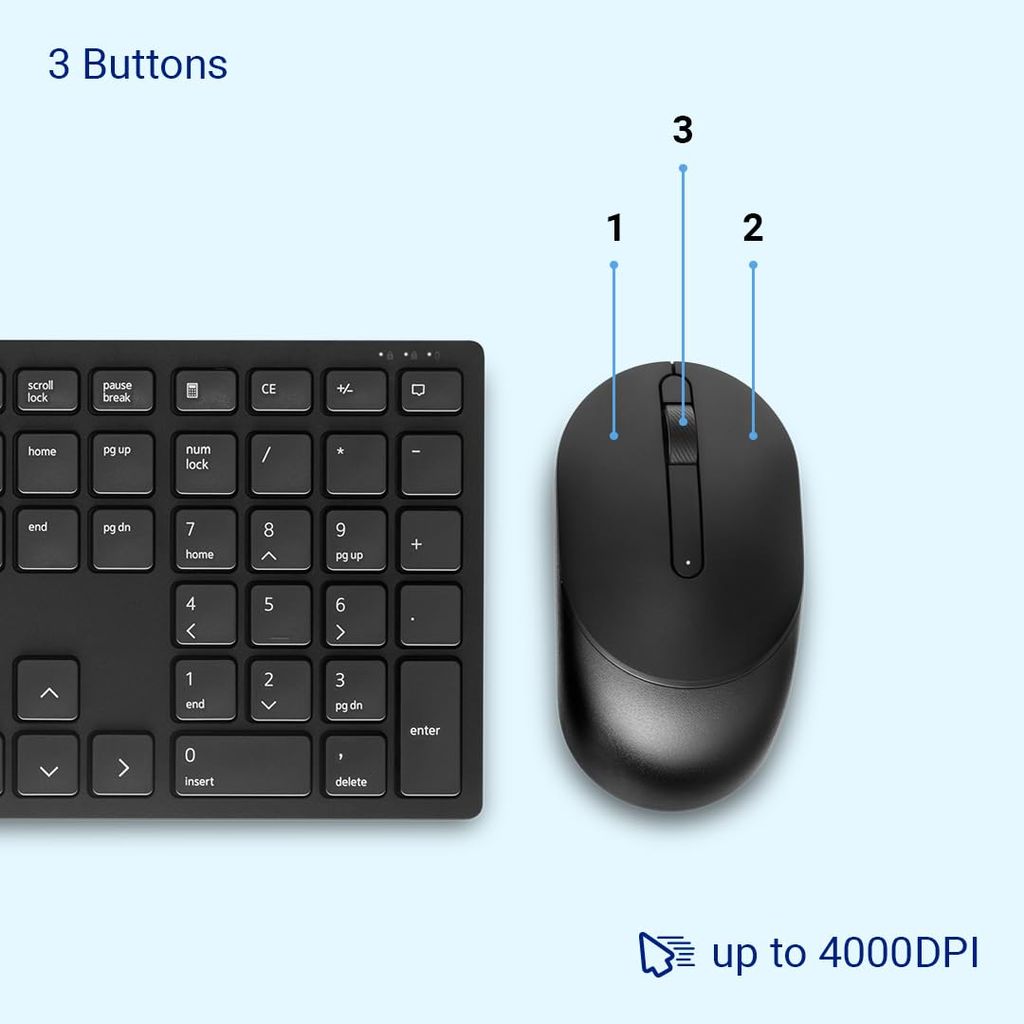Dell KM5221W Wireless Keyboard & Mouse bundle / combo - RF 2.4GHz Wireless Keyboard with 12 Programmable Keys and 3 Button Optical Mouse, Spill-Resistant Keys (3yr Brand Warranty) ( unboxed)