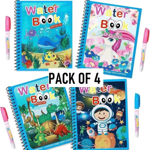 Reusable Magic Water Coloring Book – Mess-Free Fun with Magic Pen (Pack of 4, Assorted Designs)