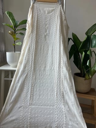 Mul Chanderi Chikankari Anarkali - White-White / Mul Chanderi
