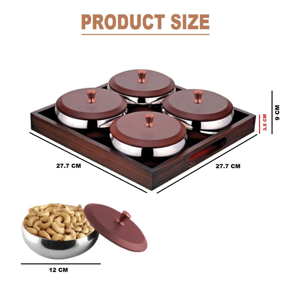 POGON Snack Serving Set, Snacks and Dry Fruit Serving Bowls with Wooden Tray Square, Brown, (Pack of 9)
