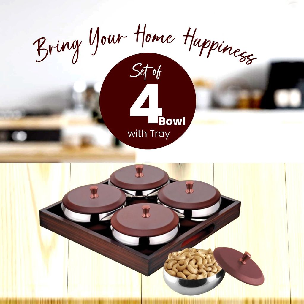 POGON Snack Serving Set, Snacks and Dry Fruit Serving Bowls with Wooden Tray Square, Brown, (Pack of 9)