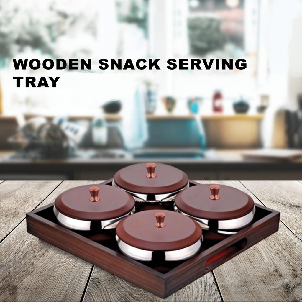 POGON Snack Serving Set, Snacks and Dry Fruit Serving Bowls with Wooden Tray Square, Brown, (Pack of 9)