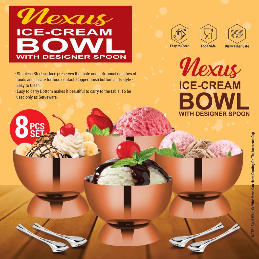 POGON Nexus Ice Cream Bowl with Designer Spoon, Dessert Serving Bowl Pack of 4, 100ml, Rose Gold