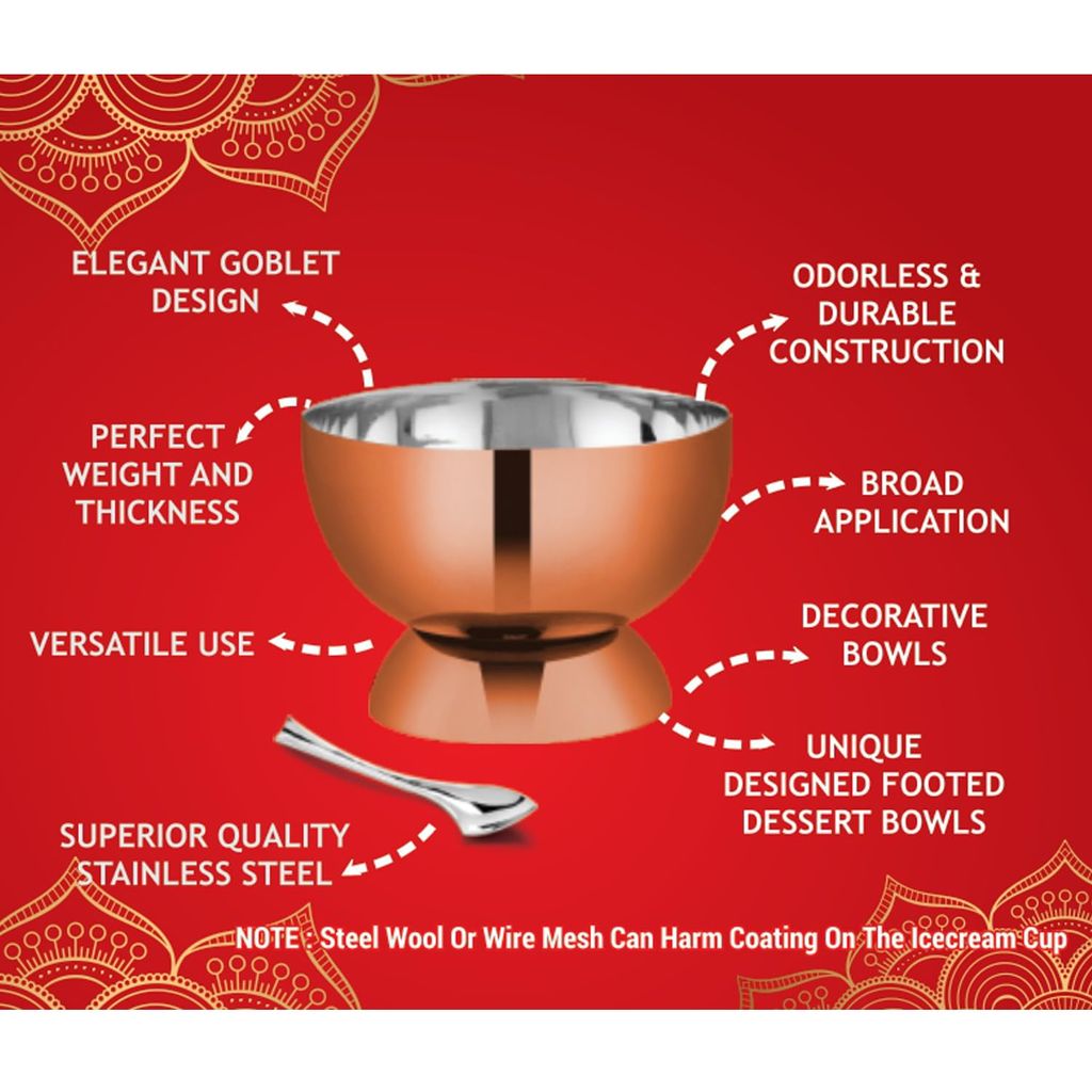 POGON Nexus Ice Cream Bowl with Designer Spoon, Dessert Serving Bowl Pack of 4, 100ml, Rose Gold