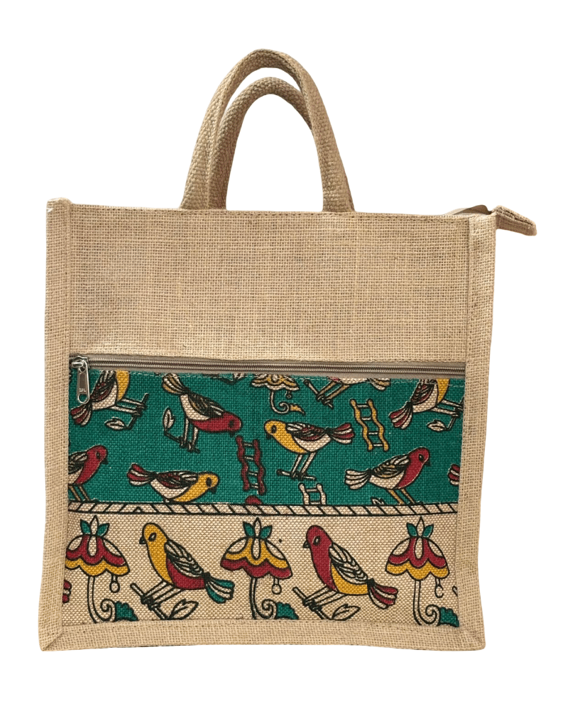 Jute Tote Bag with Bird Artwork - Eco-Friendly & Stylish (T)
