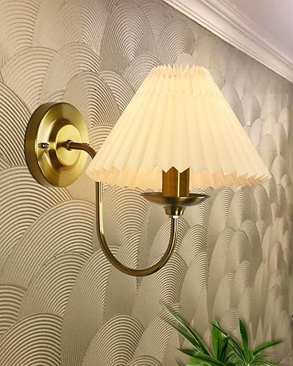 Antique Brass Wall Sconces Lighting Fixture, E27 Industrial Vintage Gold Wall Light Lamp Bathroom Decor for Bedroom Living Room, Fabric Shade, Golden, (Pleated Off-White) - Electricals | Buy online on ZillyBuy