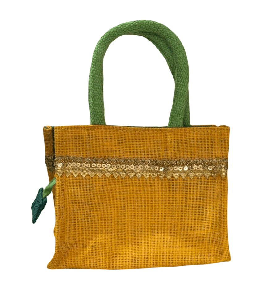 Golden Jute Small Handbag with Sequin & Lace Embellishment (T)