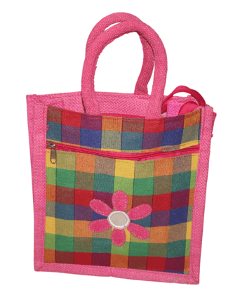 Pink Jute Tote Bag with Checkered Pattern & Flower Applique