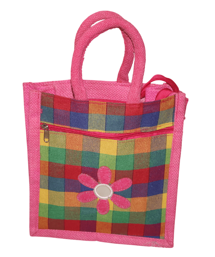 Pink Jute Tote Bag with Checkered Pattern & Flower Applique