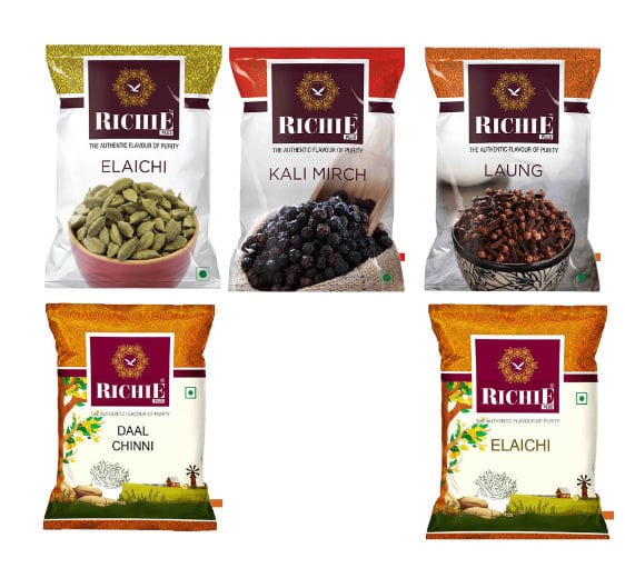 Richie Whole Spices Combo - Green Cardamom, Black Pepper, Cloves, Black Cardamom & Dalchinni,  50 gm Each - Pack of 5