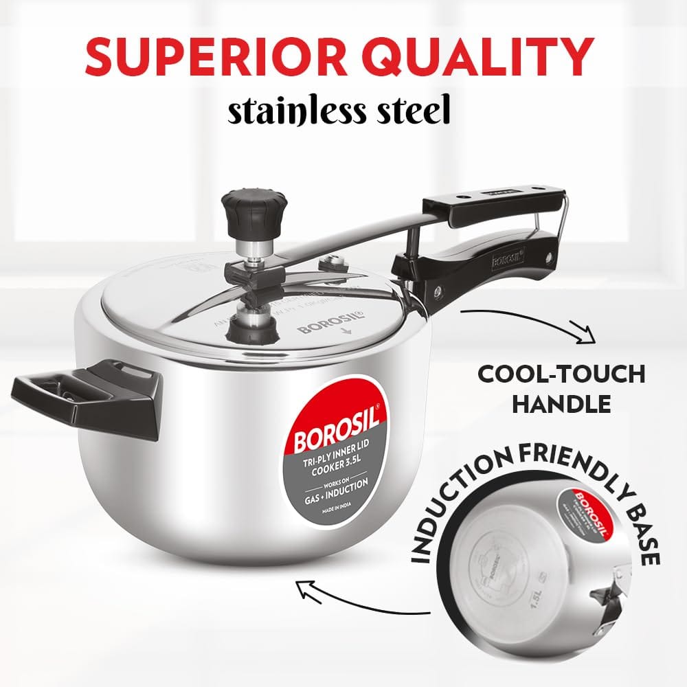 Borosil Triply Induction Base Inner Lid Stainless Steel Pressure Cooker, 3.5 L, 1000 milliliters