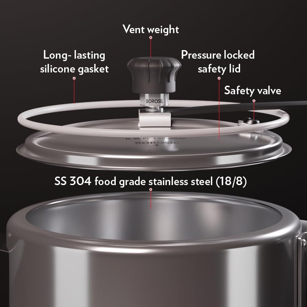 Borosil Triply Induction Base Inner Lid Stainless Steel Pressure Cooker, 3.5 L, 1000 milliliters