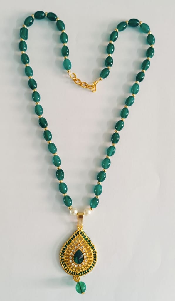 Green Beads mala with stone work pendant