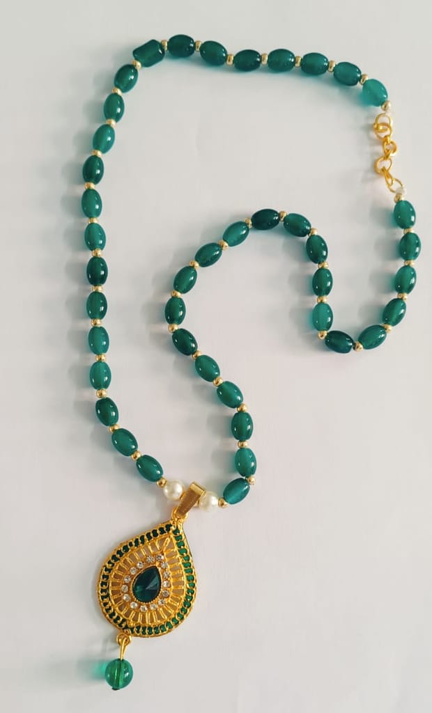 Green Beads mala with stone work pendant