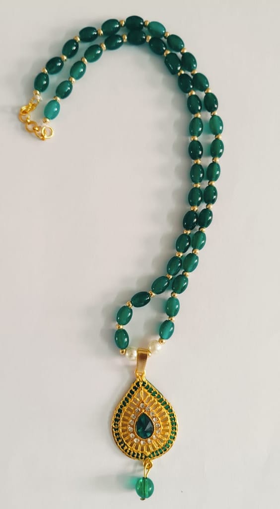 Green Beads mala with stone work pendant