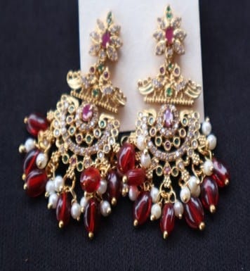 KAVALI Gold Chandelier Earrings with Red Gemstones & Pearls