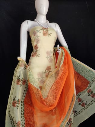 Lively Kota Doria Orange Blockprinted Suit (Top+Dupatta+Bottom)