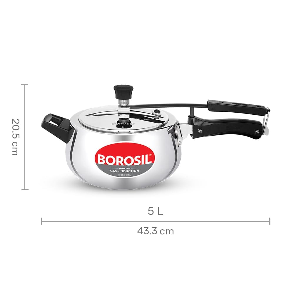 Borosil Pronto Tri Ply 5 L Pressure Cooker with Stainless Steel Lid | Inner Lid Cooker | Gas & Induction Compatible