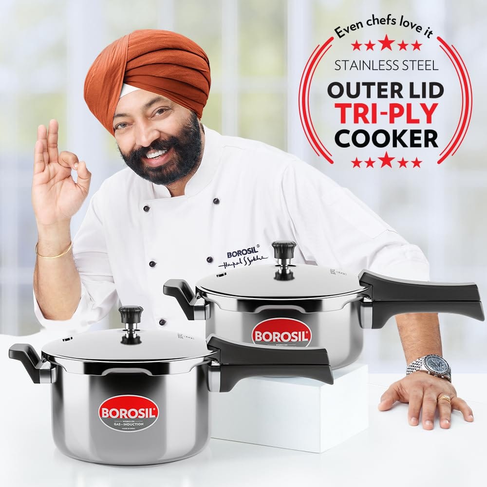 Borosil 2 L Triply Outerlid Presto Cooker | SS304 Food Grade Stainless Steel Pressure Cooker | Gas Stove & Induction Compatible