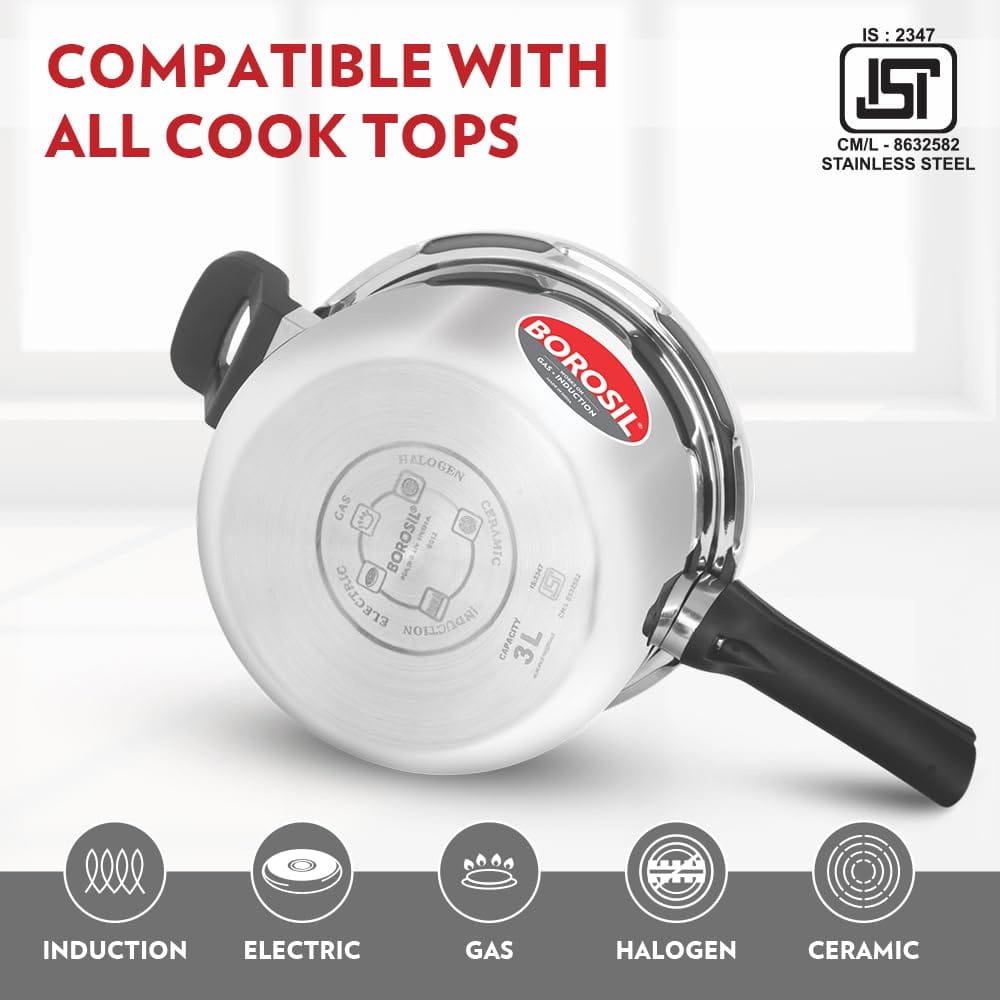 Borosil 2 L Triply Outerlid Presto Cooker | SS304 Food Grade Stainless Steel Pressure Cooker | Gas Stove & Induction Compatible