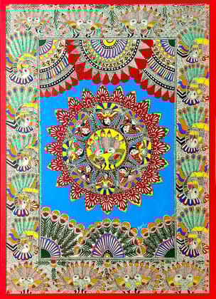 Traditional Madhubani Painting – Mandala with Peacocks and Floral Motifs