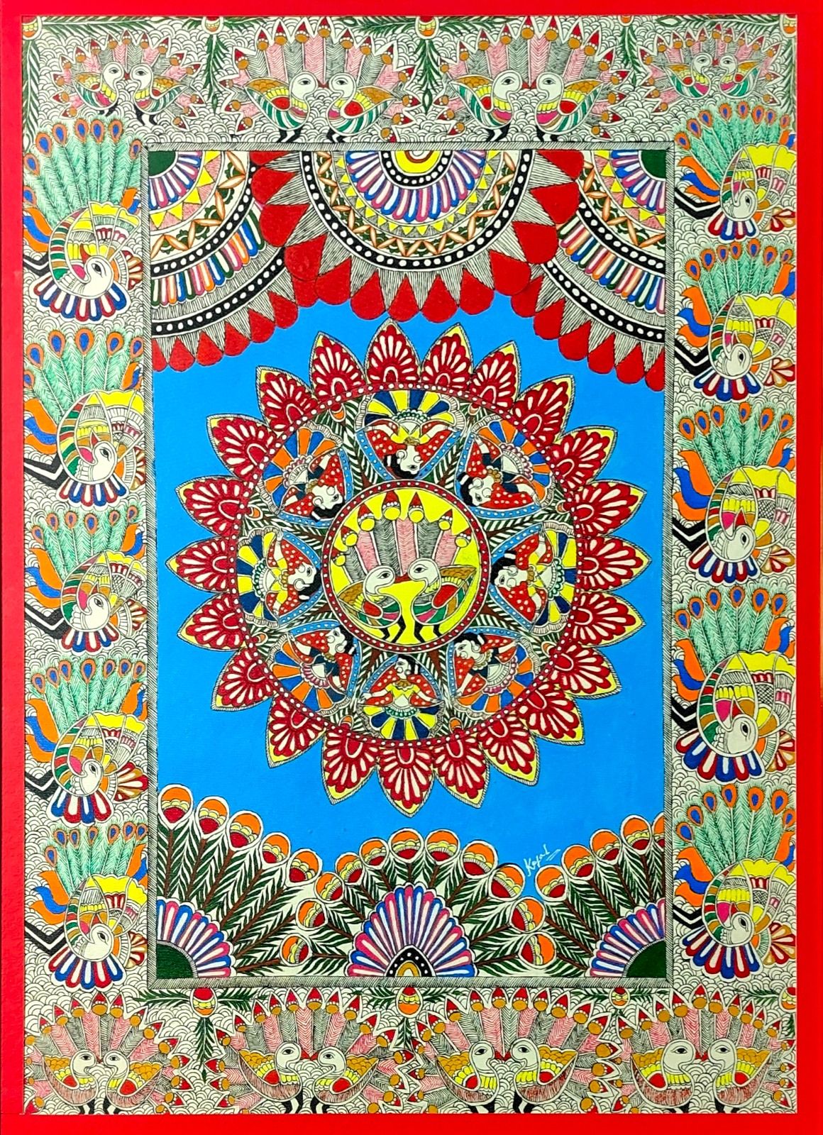Traditional Madhubani Painting – Mandala with Peacocks and Floral Motifs