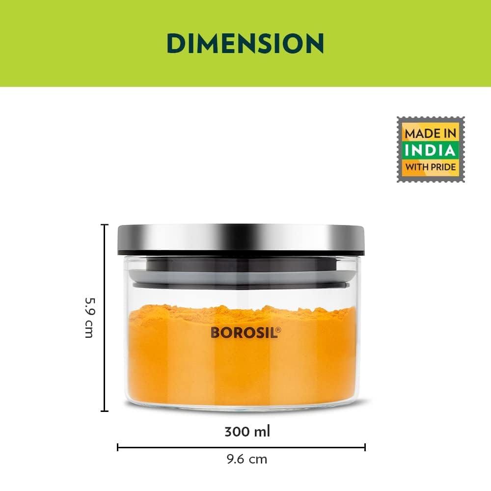 Borosil Classic Glass Jar with Wooden Tray, Air-Tight Storage Container For Kitchen, Glass Jar For Storing Spices, Snacks, Grains, Dals, Set of 3 (300 ml each) with Wooden Tray, Clear