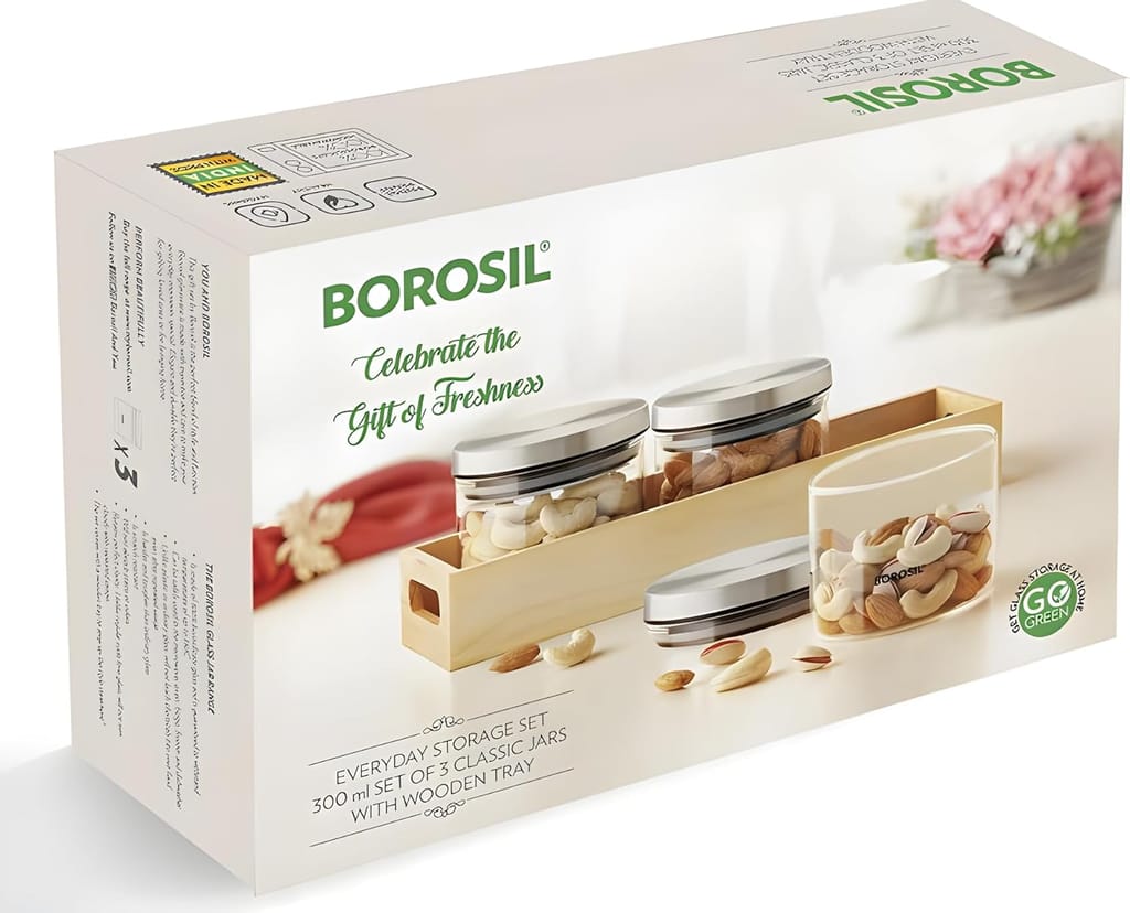 Borosil Classic Glass Jar with Wooden Tray, Air-Tight Storage Container For Kitchen, Glass Jar For Storing Spices, Snacks, Grains, Dals, Set of 3 (300 ml each) with Wooden Tray, Clear